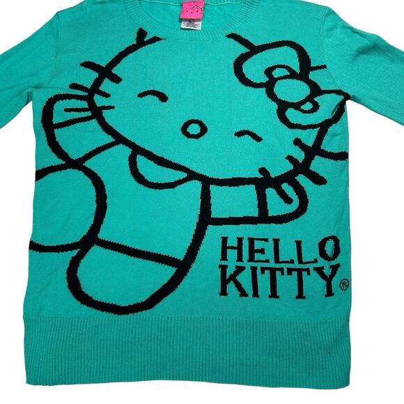 Sanrio Hello Kitty Womens Sz M Teal Black Crewneck Pullover Sweater Kawaii Cute - Picture 2 of 9